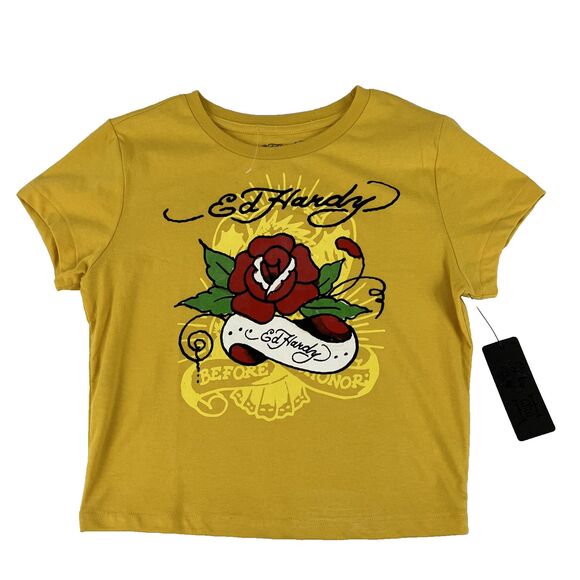 New Ed Hardy Crop Top Baby Tee Women’s Size Medium Yellow Mustard T-Shirt NWT - Picture 1 of 7